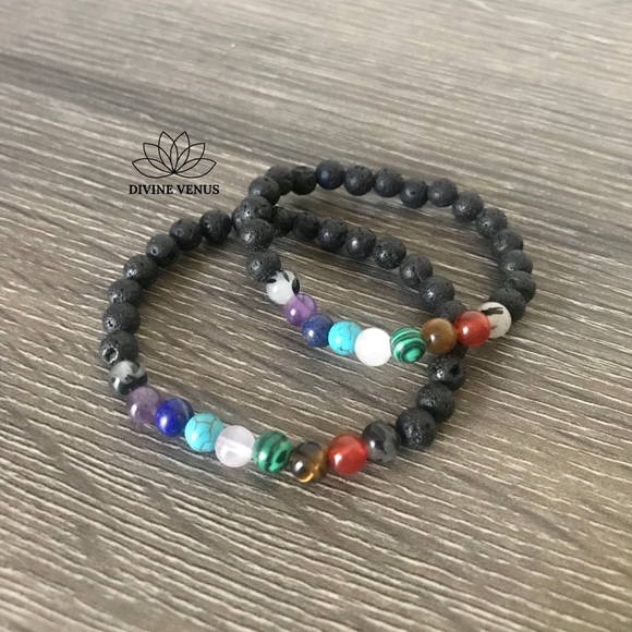 7 Chakra Stretch Bracelet Gemstones & Lava Rocks - Picture 6 of 8